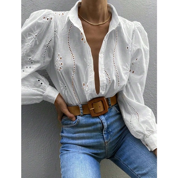 White Boho Eyelet Shirt, French Style Collar Button Front, Eyelet Embroidery - Picture 12 of 14